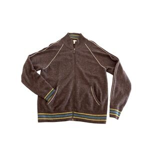 Qi Cashmere Mens Full Zip Charcoal Grey 100% Cashmere Striped SzM